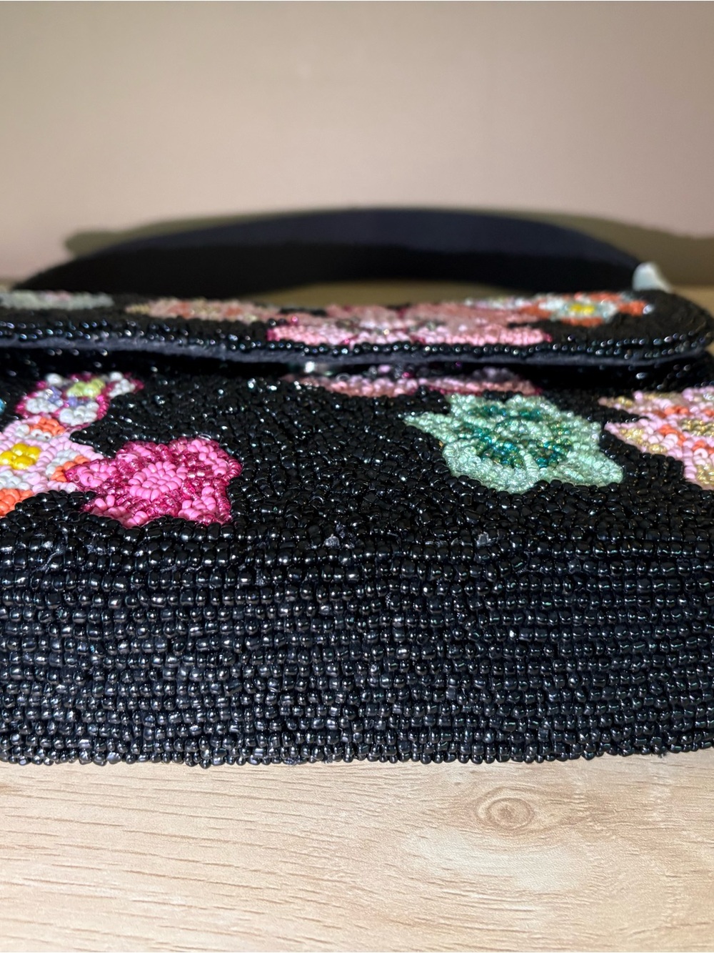 Beaded Floral Shoulder Bag - Black with Multicolor Flowers - Picture 5 of 7